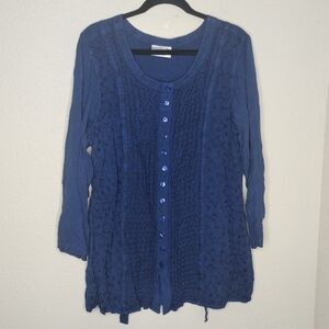 Holy Clothing Blue Embroidered Button Up Tunic Top Women's Size XL / 1X